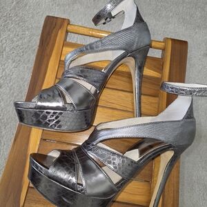 Metallic Silver High Heel Platform Sandals with Ankle Strap
